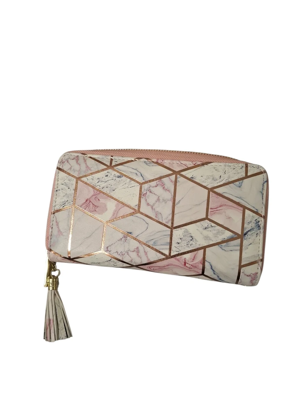 Marble Geometric Zip-Around Wallet with Tassel in Blush Pink